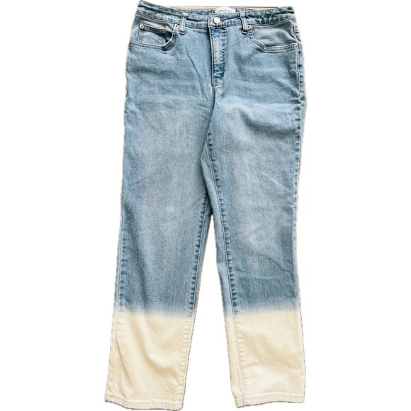 Crown & Ivy Vintage High Rise Straight Leg Jeans Dip Dyed Denim 8 Blue White - Picture 2 of 7